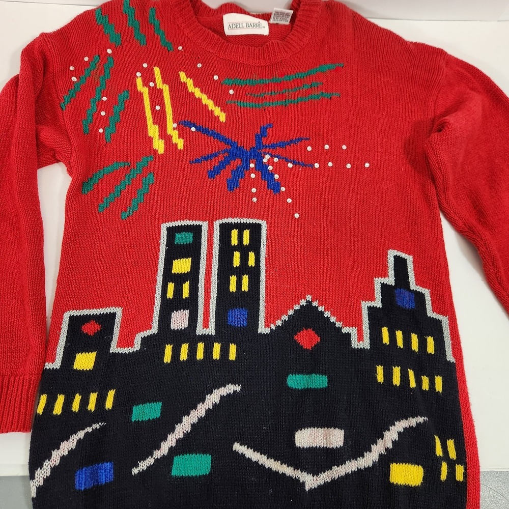 Vintage 80s New Years Eve Sweater Sz L City Skyline Fireworks New Wave NYE Party